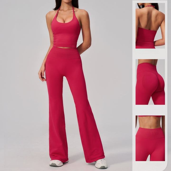 JY New Arrival Custom Logo Women's Seamless Ribbed Yoga Set Halter Backless High Waist Hip Lifting Wide Leg Pants Sport Outfit