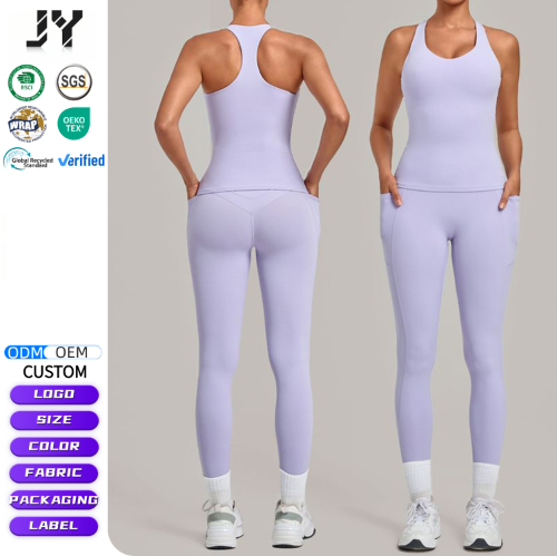 JY Summer Breathable Tight I-shaped Sports Gym tank Tops Workout Leggings with Pockets Sets Running Yoga Fitness Two-piece Set