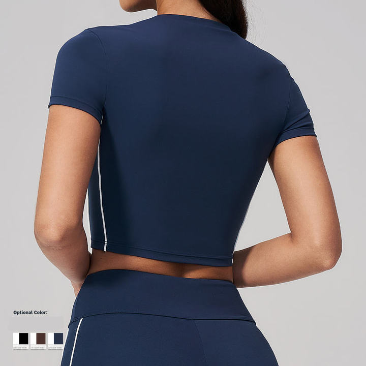 JY 2026 High Quality Contrast Color Women's Yoga Summer T-shirt Tight Short Sleeved Fitness Top Casual Outdoor Running for Sport