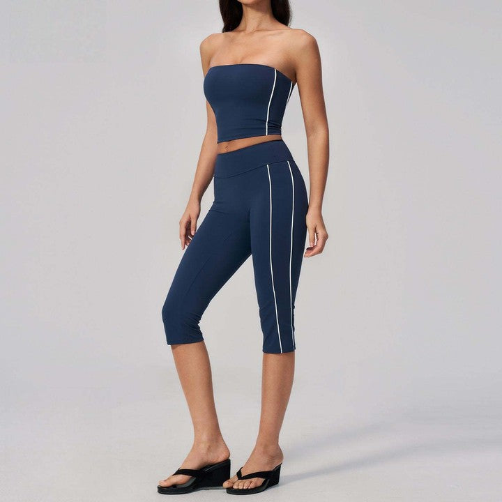 Women's Brushed Color-Blocked Strapless Two-Piece Yoga Set with Strapless Yoga Bra and High-Waisted Capri Pants