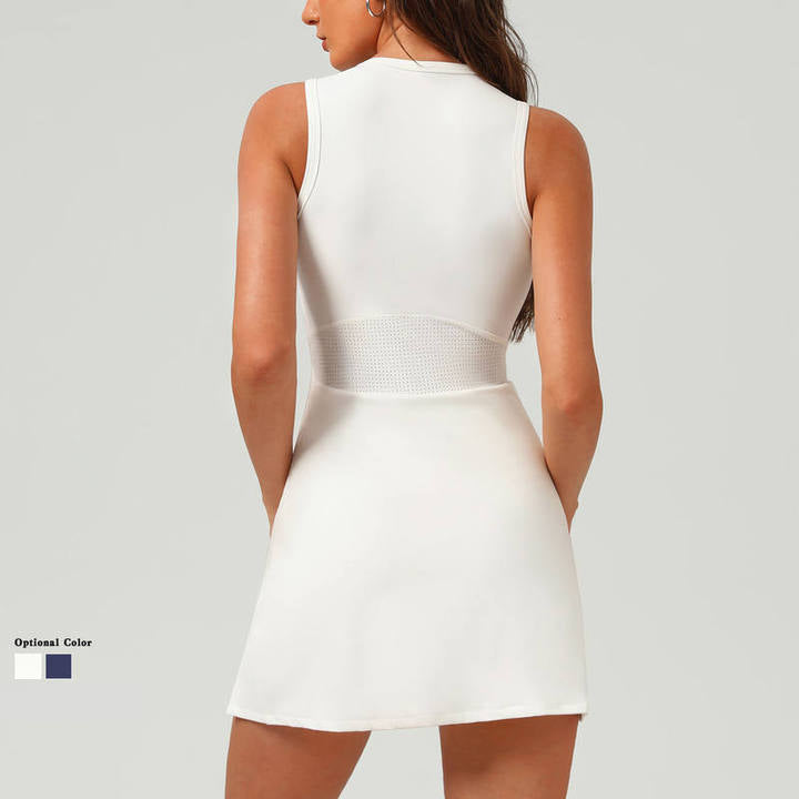 JY High Elasticity Breathable Mesh Tennis Dress Zipper Tennis Dress with Built in Shorts and Bra Fashionable Women Sport Dress