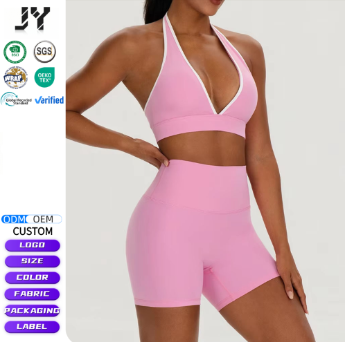 JY Custom Logo Comfortable Solid 2-Piece Workout Outfit Seamless Breathable Lightweight Sport Bra Tummy Control Shorts Quick Dry