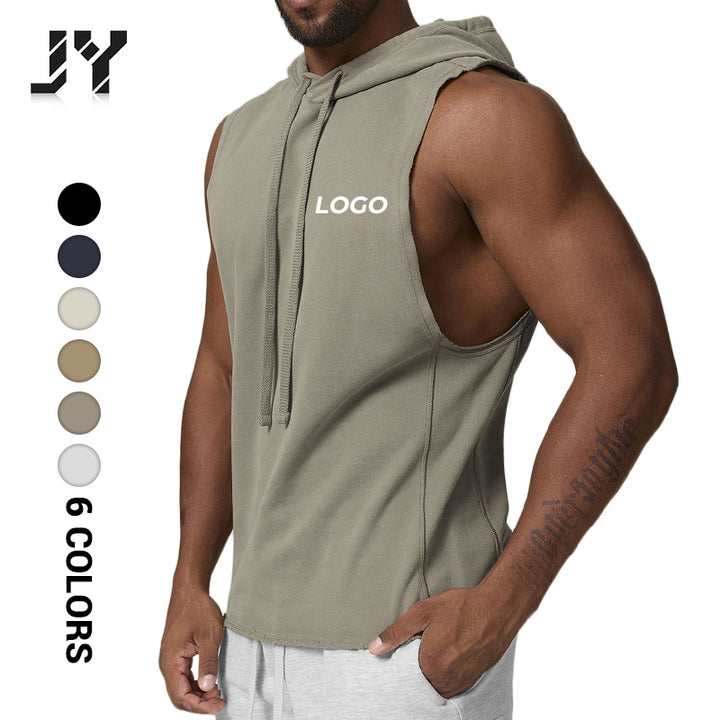 JY 2024 New Casual Hooded Solid Color Washer Sports Leisure Fitness Sleeveless Hoodie for Men