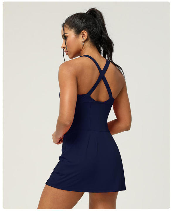 JY Custom LOGO Women Running Fitness Tennis Sexy V Neck Mini Dress Women Quick Drying Slit Female 2 in Sports Yoga Tennis Dress
