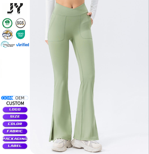 JY 2026 Custom Logo Breathable Nude V Shape Butt Lift Side Slit Flare Leg Pants Yoga Dancing Fitness Flared Pants With Pocket