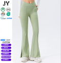 JY 2026 Custom Logo Breathable Nude V Shape Butt Lift Side Slit Flare Leg Pants Yoga Dancing Fitness Flared Pants With Pocket
