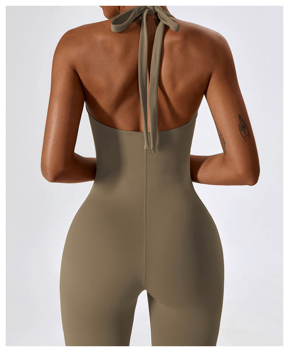 New Bodycon Workout Women Gym Jumpsuit Breathable One Piece Deep-v Neck Halter Straps Sport Jumpsuit for Pilates
