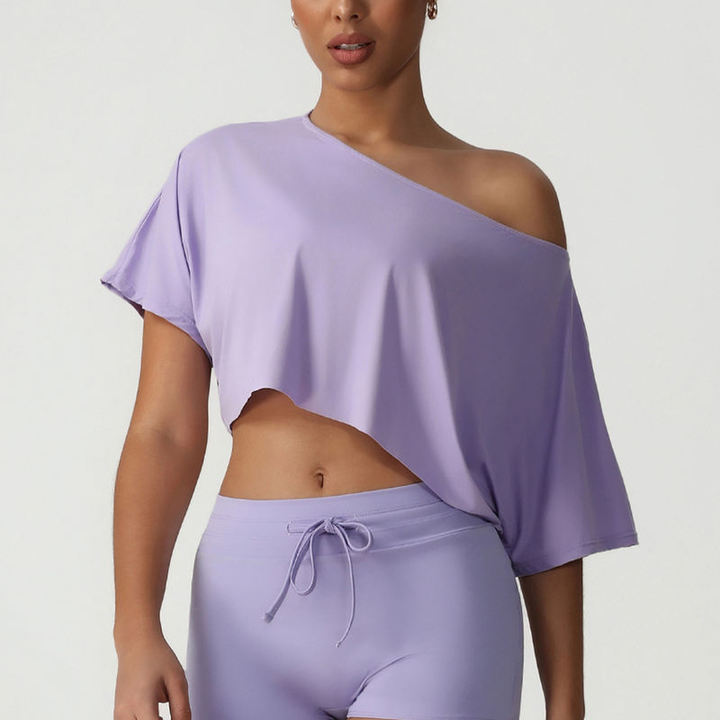 JY Slim Fit Short Sleeve Fitness T-Shirt Tops Women's Solid-Colour One-Shoulder Batwing Sleeve Casual Ruffled Short-Sleeved Top
