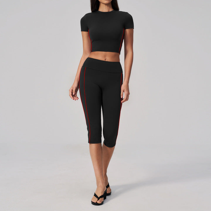 Joyyoung High Quality 2 Piece Yoga Set Short Sleeve Crop Top & High Waist Capri Leggings with Contrast Stripes for Gym Workout