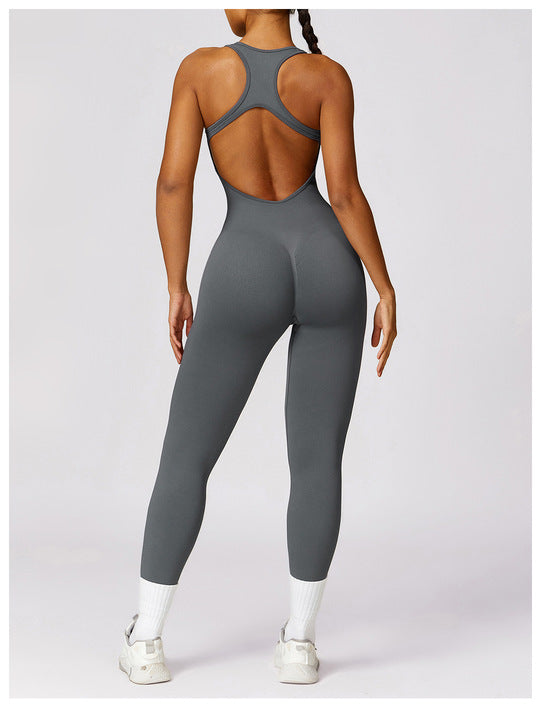 Women's Solid Color Four-Way Stretch Breathable Quick Dry Spandex/Polyester Racerback Crew Neck Yoga Fitness Jumpsuit Bodysuit