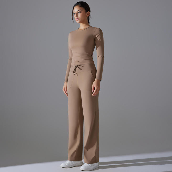 JY New Women's 2-Piece Active Set: Cloud-Fleece Sling Sports Top Long Sleeve Butt-Lifting Pants for Yoga, Gym for Daily Lounge