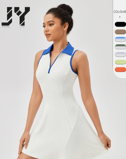 JY Brushed Breathable Women's Collar Tennis Dress Quick Drying Breathable Waist Tightening Sports and Leisure Fitness Dress