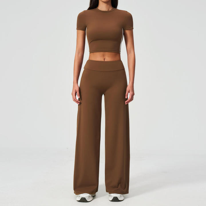 JY Naked Feeling Women Yoga Set 2Piece Tracksuit High Waisted Wide Leg Pants with Short Sleeve Crop Top Gym Workout Athletic Set