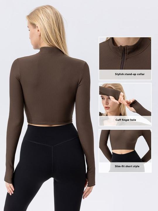 JY Quick-Dry European American Women's High Waist Yoga Top Long Sleeve Zipper Fitness Sports Clothing High Elasticity Vertical