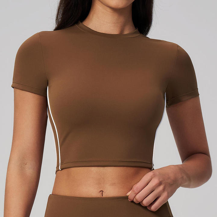 JY 2026 High Quality Contrast Color Women's Yoga Summer T-shirt Tight Short Sleeved Fitness Top Casual Outdoor Running for Sport