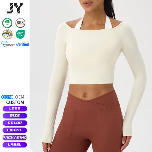 JY 2026 High Quality Asymmetric Off-Shoulder Plus Size Yoga Top Long Sleeve Slim Fit Cropped Gym Shirt Moisture Wicking Athletic