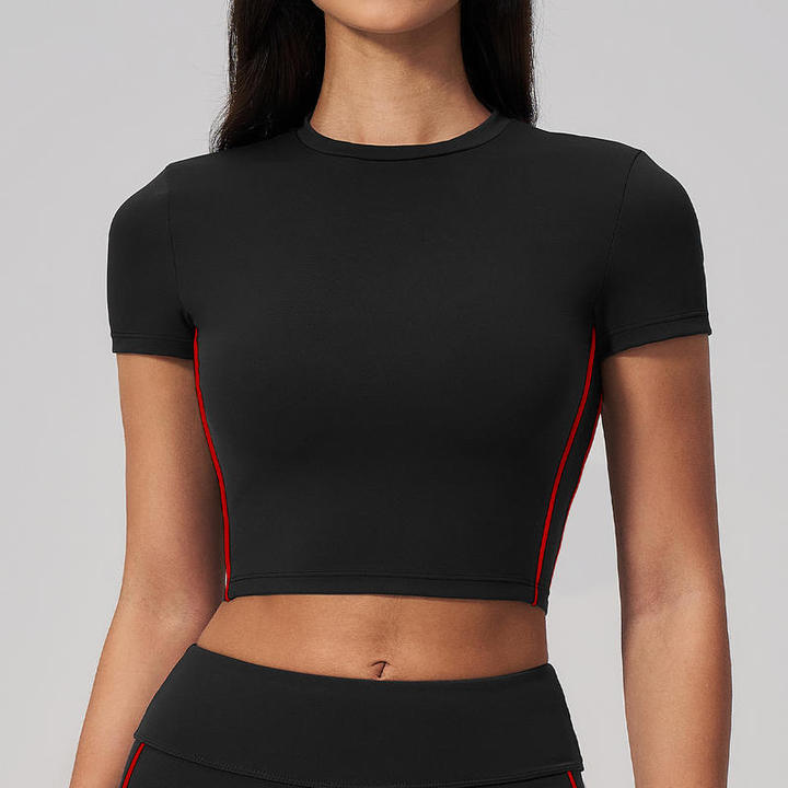 JY 2026 High Quality Contrast Color Women's Yoga Summer T-shirt Tight Short Sleeved Fitness Top Casual Outdoor Running for Sport