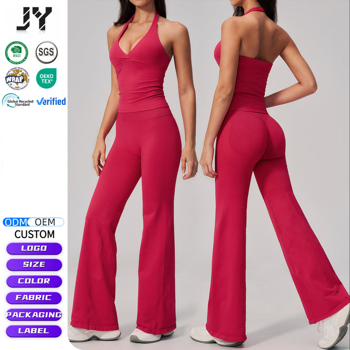Joyyoung Women's Fitness Two-Piece Set High Waist Flare Yoga Leggings Casual Wear Gym Sports Workout Halter Neck Bra Set