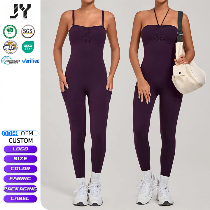 JY Athletic Yoga One Piece Sport Bodysuit Women Tummy Control Running Fitness Jumpsuit with Pockets Scrunch Butt Gym Wear