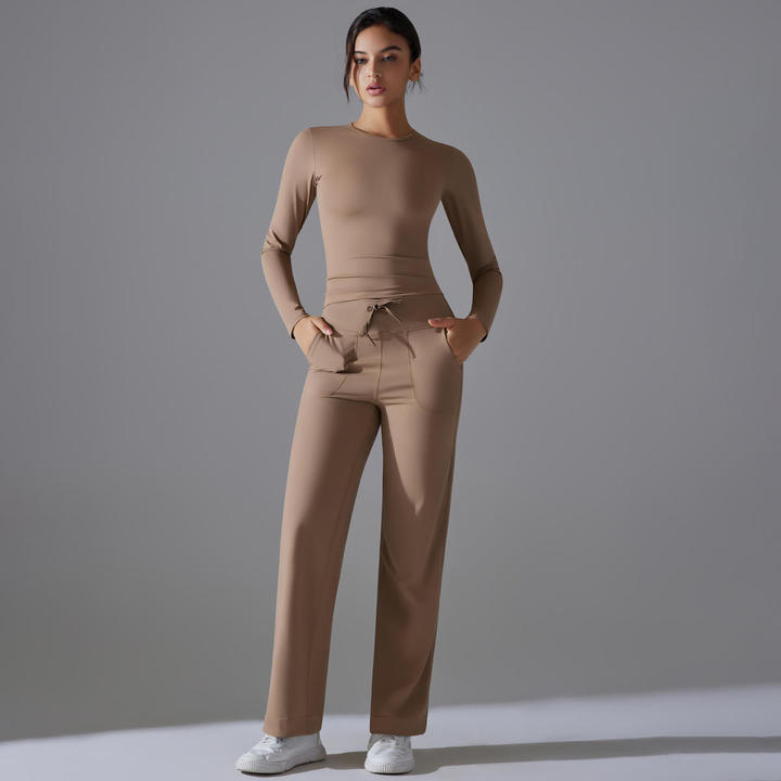 JY New Women's 2-Piece Active Set: Cloud-Fleece Sling Sports Top Long Sleeve Butt-Lifting Pants for Yoga, Gym for Daily Lounge