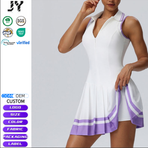 JY Breathable Athletic Pleated Tennis Dress 2-Piece Solid Polo Sportswear Breathable Lightweight Nylon/Spandex Four-Way Shorts