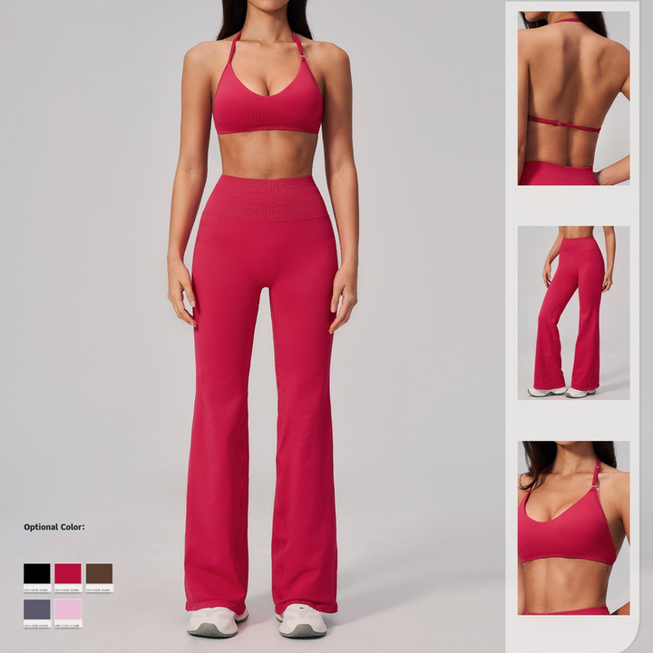 JY Custom Logo Women's Seamless Halter Sports Bra Backless Quick Dry Hip Lifting Wide Leg Pants Outdoor Yoga Fitness Tracksuit