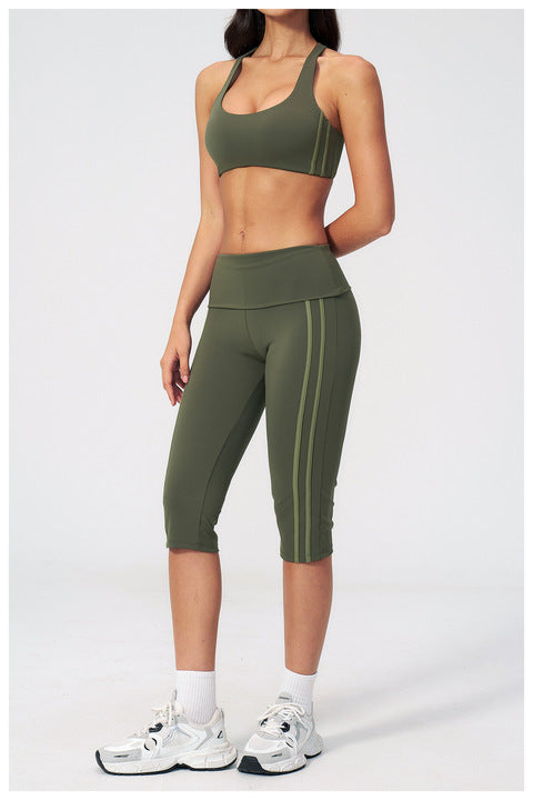 JY New Arrival Slimming Fashionable 2-Piece Back Yoga Set Quick-Dry Spandex/Polyester Color Blocking Striped Design Knee-Length