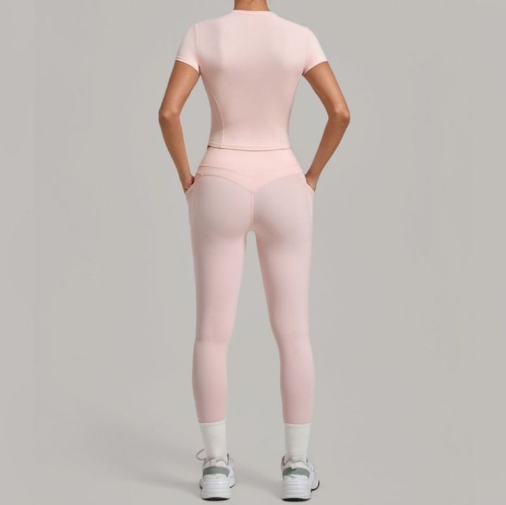 JY Custom Logo Breathable Quick Dry Yoga Sports Sets Elasticity Short Sleeve High Waist Butt Lift Pockets Tight Leggings Pants