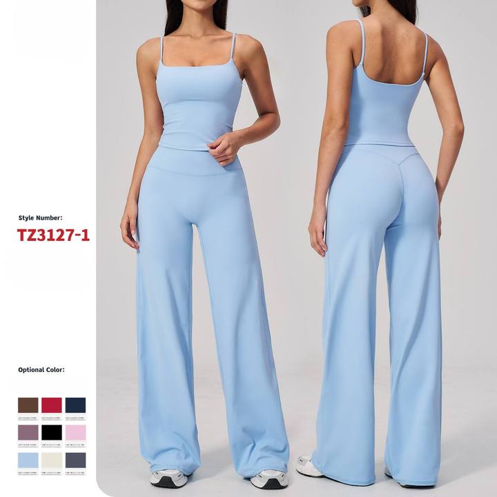 Joyyoung 2026 New Arrive Women's 2-Piece Yoga Outfit Square Neck Tank Top & High Waist Wide Leg Pants Set Roupa De Academia