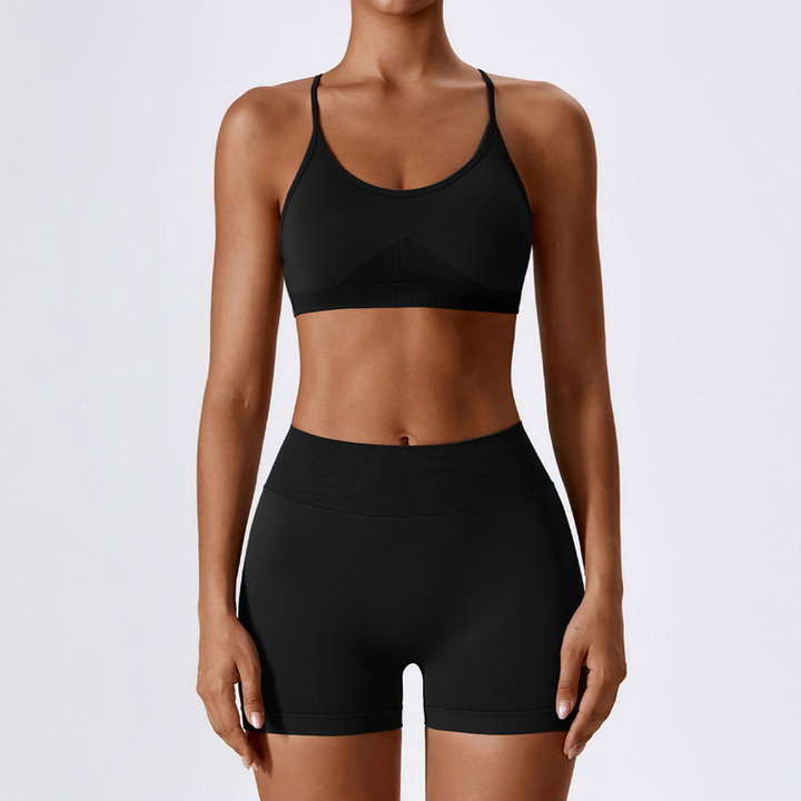 JY New Color Women Yoga Set 2 Piece Seamless Scrunch Shorts with Cross Back Sports Bra High Waisted Gym Workout Athletic Sets