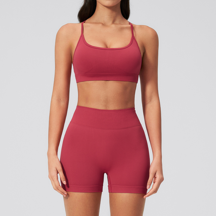 JY New Color Women Yoga Set 2 Piece Seamless Scrunch Shorts with Cross Back Sports Bra High Waisted Gym Workout Athletic Sets