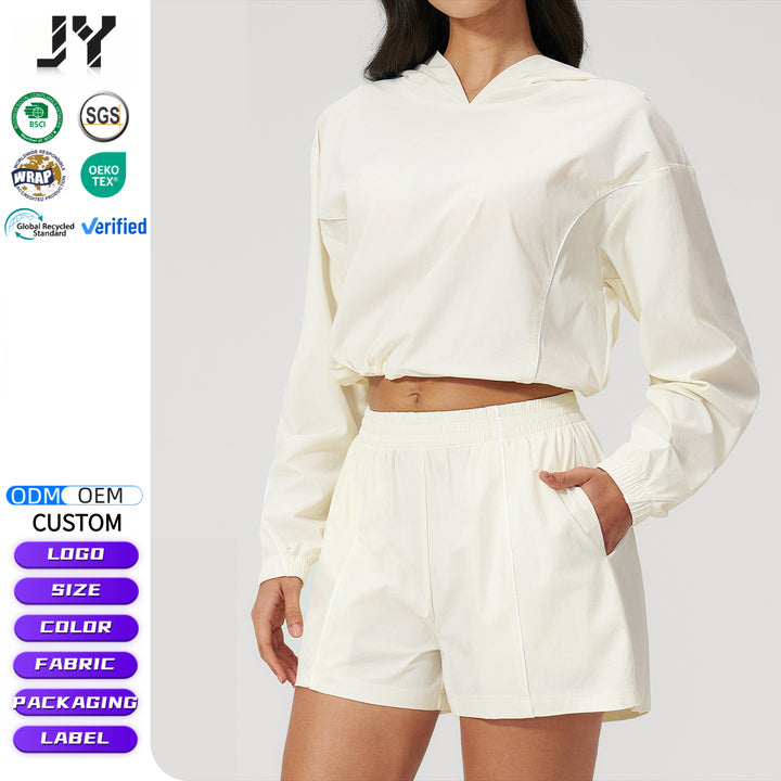 Joyyoung Workout Running Set New Arrivals Multicolor Regular Casual Outdoor Short Elastic Jacket Pocket Short Women for Active