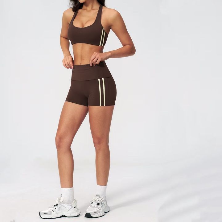 JY Summer New Arrival Women's 2-Piece Color Block Yoga Set, High Support Halter Racerback Sports Bra & Butt Lifting Biker Shorts