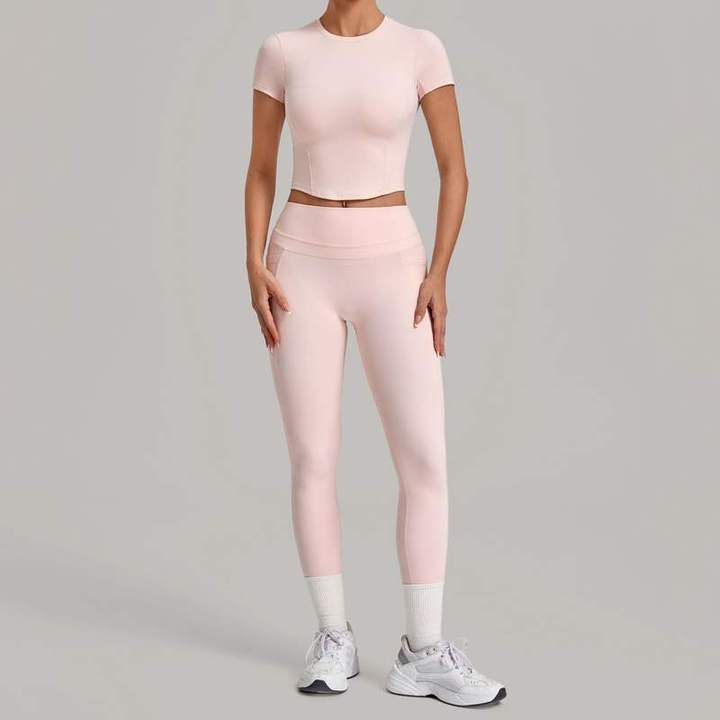 JY Custom Logo Breathable Quick Dry Yoga Sports Sets Elasticity Short Sleeve High Waist Butt Lift Pockets Tight Leggings Pants