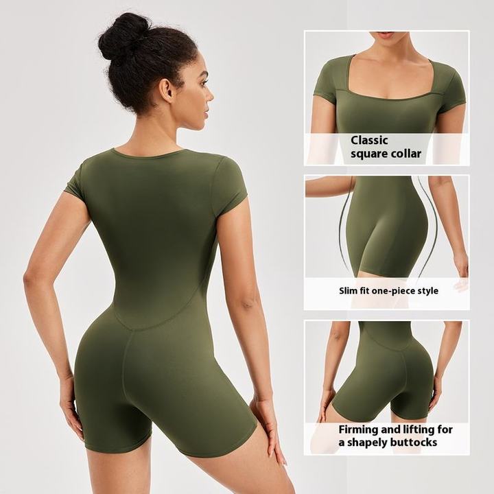 JY 2026 New Yoga Jumpsuit Women's Short Sleeve Sports Jumpsuit Square Neck Training Bodysuit for Running Fitness Tight Fitting
