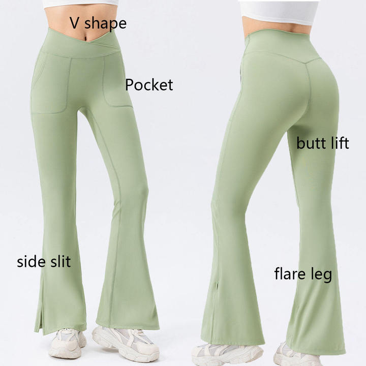 JY 2026 Custom Logo Breathable Nude V Shape Butt Lift Side Slit Flare Leg Pants Yoga Dancing Fitness Flared Pants With Pocket