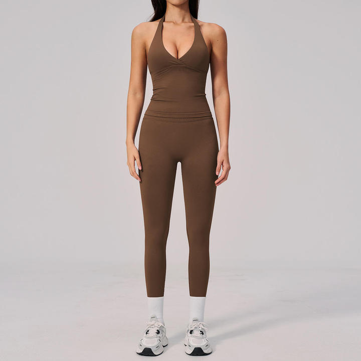 JY Custom Logo Women Seamless Sports Set Halter V Neck Tank Top Backless Peach Hip High Stretch Leggings for Yoga Fitness Outfit
