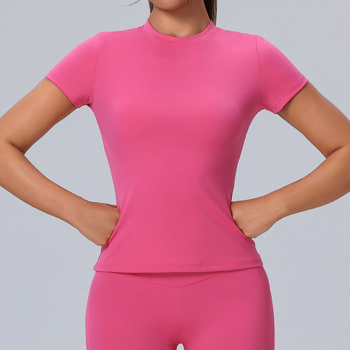 JY Eco-Friendly Breathable Four-Way Stretch Recyclable Workout Shirts Women Quick Dry Slim Fit Gym Crop Tops Short Sleeve Front