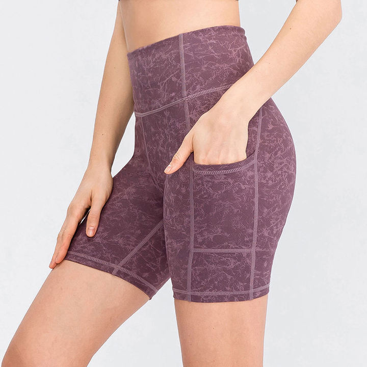 JY 2026 New Style Hot Selling Nude Feel Printed Tight High Waisted Stretch Butt-Lifting Pocket Quick Dry Yoga Shorts for Women