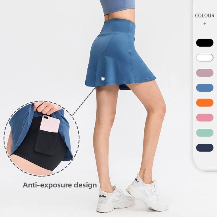 JY New Sporty Empire Waist Beaded Pocket Solid Color Sports Skort Loose Two-Piece Anti-Exposure Quick-Dry Polyester All Skirt