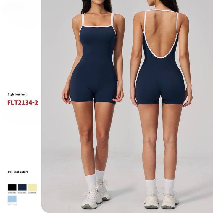 JY 2026 New Yoga Jumpsuit Backless Yoga Romper Women Square Neck Spaghetti Strap One Piece Shorts Jumpsuit With Removable Pads