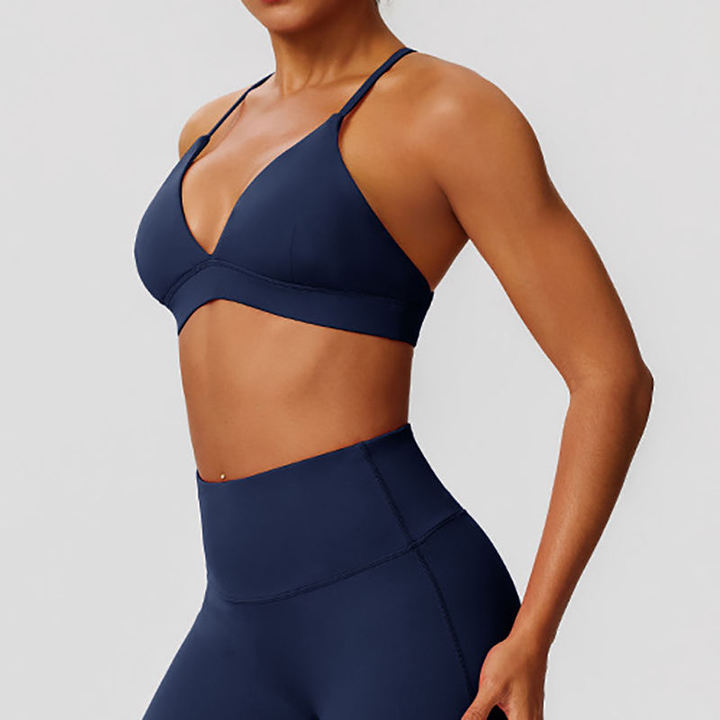 JY Color-Block High Support High Quality Nude Feeling Cross Back Compression Quick Dry Outdoor Fitness Running Sports Bra Women