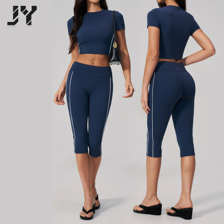 Joyyoung High Quality 2 Piece Yoga Set Short Sleeve Crop Top & High Waist Capri Leggings with Contrast Stripes for Gym Workout