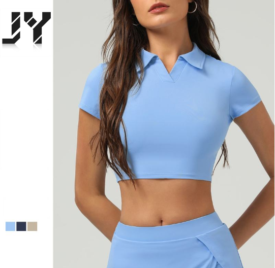 JY Short Sleeve Classic Tennis Style Short Sleeve Polo T Shirt Women's Golf Clothes Slim Fit Women Tennis Wear Yoga Crop Tops