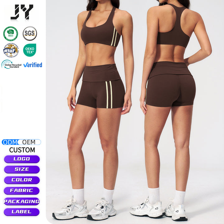 Joyyoung 2026 New Summer Women's Contrast Striped Yoga Suit 2-Piece Set Hip Tight Fitness Shorts Quick-drying Yoga Sports Sets