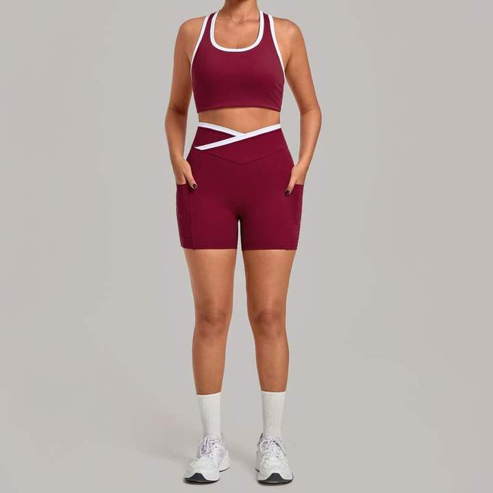 JY Custom Logo V-shape High Waist Gym Clothing Workout Yoga Suit Shorts Fitness Women Training Singlets Exercise Sportswear Set