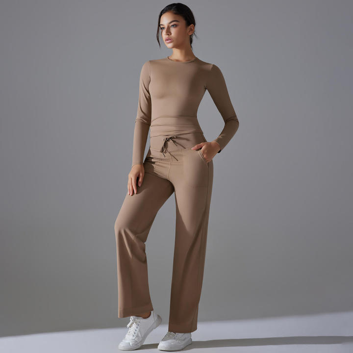 JY New Women's 2-Piece Active Set: Cloud-Fleece Sling Sports Top Long Sleeve Butt-Lifting Pants for Yoga, Gym for Daily Lounge