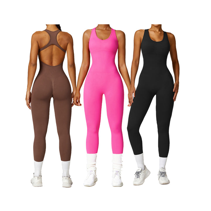 Women's Solid Color Four-Way Stretch Breathable Quick Dry Spandex/Polyester Racerback Crew Neck Yoga Fitness Jumpsuit Bodysuit