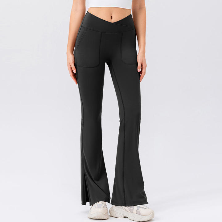 JY 2026 Custom Logo Breathable Nude V Shape Butt Lift Side Slit Flare Leg Pants Yoga Dancing Fitness Flared Pants With Pocket