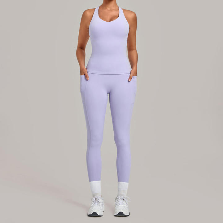 JY Summer Breathable Tight I-shaped Sports Gym tank Tops Workout Leggings with Pockets Sets Running Yoga Fitness Two-piece Set